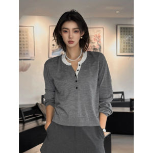 YUEZHONGWEI | Gray Long Sleeve Knitted Slim Fit Womens Base Shirt Inner Wear Top Color Block Design Commute Style V Neck Pullover Autumn New Arrival