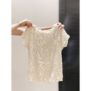 LUOSHAO | Dot Pattern Short Sleeve Waist Shaping Blouse