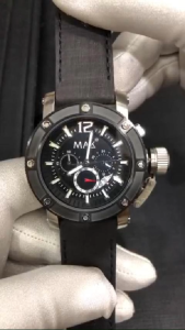 MAX Chronograph Watches Silver Black Steel Case Black Dial Mens Black Leather Strap Watch 47mm 5-MAX662