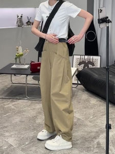 Slimming High Waist Wide Leg Casual Pants Womens Spring Summer New Style Fashionable Straight Cut Trousers Pocket Detail