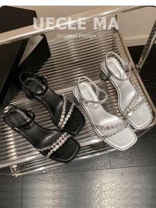 MaShu French Style Genuine Leather High Heels Sandals Womens Summer Outdoor Wear Fairy Style Matching Skirts Beautiful Thick Heel