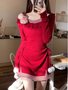 Sweet And Spicy Red Date Dress Womens Spring Autumn New Waist-Cinching Fake Two-Piece Splice Fishing System Dress
