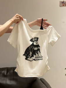 Shoulder Bared Cartoon Dog Print T-Shirt Womens Short Sleeve White Summer Fashionable Folded Short Top Korean Style Commute