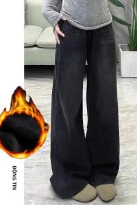 Quần Jeans Nữ Y2K Cạp Cao Ống Loe Lót Lông Cừu Quần Ống Rộng Màu Đen Xám Quần Ống Thẳng Phong Cách Thường Ngày Giữ Ấm Mùa Đông Dáng Rộng