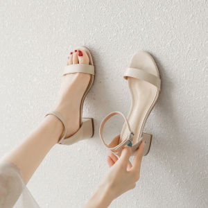 Womens Fairy Style Sandals 2025 New Medium Heel Chunky Heel Buckle Strap Fashion High Heel Match Skirts Shoes Roman Style Low Cut