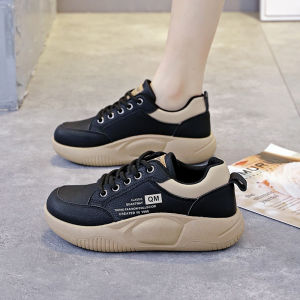 Comfortable Leather Sport Shoes Womens Casual Fashion Cross Buckle mid Heel Thick Bottom Soft Bottom All Match Board Shoes