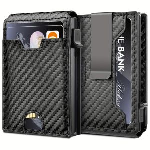 Mens ultra-thin RFID shielded carbon fiber texture wallet - top grain leather double clip pop-up card clip and ID window