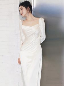 French Style Long Sleeve Light Wedding Dress Bride Fancy Satin Fishtail Wedding Veil Super Mori White Dress Small Tail
