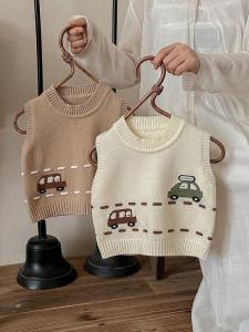 2025 New Childrens Knitted Sweater Spring Autumn Outwear Baby Boy Vest Cartoon Car Design Rabbit Fur 100% Slim Fit Striped