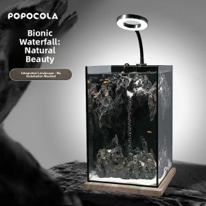 Popocola | Mini Desktop Waterfall Aquarium Set with Eco-Decor and Ultra-White Glass