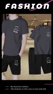 #ชุดเสื้อยืดคอกลมกับกางเกงขาสั้น+ราคาพิเศษ=เกิบเงินปลายทาง  สกรีนลายรอยยิ้ม แนวมินิมอล เก๋ๆ คูลๆ ผ้านิ่ม ใส่สบาย ไม่ร้อน