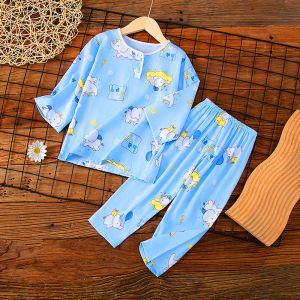 Summer Childrens Cotton Silk Sleepwear Thin Home Clothes Set for Girls Boys Cartoon Cute Style Long Sleeve round Neck Home Clothes