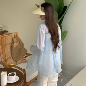 เสื้อเชิ้ตผ้าชีฟองกันแดดไซส์ใหญ่สำหรับผู้หญิงในฤดูร้อน เสื้อคลุมบาง แขนยาว คอโปโล สีพื้น ทรงหลวม สไตล์หวาน