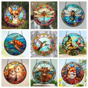Animals Dog Printed Window Suncatcher Cat Insect Pattern Acrylic Round Wall Hanging Chain Pendant Home Room Decoration Ornament