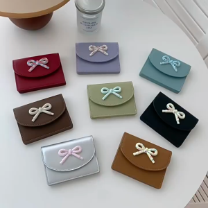 EchoBliss กระเป๋าสตางค์ผู้หญิงประดับโบว์สวยหรูกระเป๋าใส่บัตรหนัง PU กระเป๋าสตางค์ขนาดกะทัดรัดพกพา