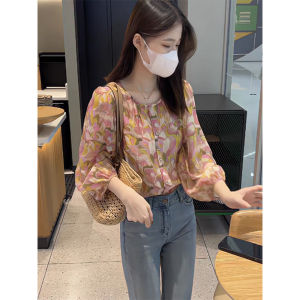 French Style Floral Print Chiffon Shirt Womens Summer Elegant Bubble Sleeve Top Stylish Small Size Shirt Korean Version Straight Cut Long Sleeve round Neck