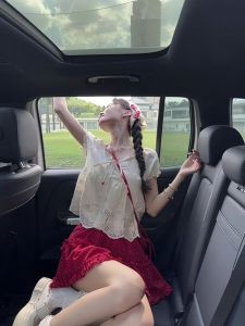 Sweet Summer 2025 Forest System Embroidered Ruffle Collar Hollow out Top with Red Polka Dot Skirt Short Sleeve Button Placket