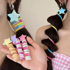 Rainbow Star Pendant Telephone Cord Scrunchies Hair Rope Kids Girls Rubber Bands Ponytail Holder Spiral Braided Wire Ties New