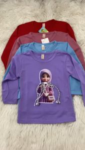 baju atasan kaos anak perempuan lengan panjang gadis hijau tali pita / pakaian t-shirt distro anak cewe tangan panjang / kaos muslimah jahit aplikasi cewek berhijap tali sepatu unggu 1 - 10 thn