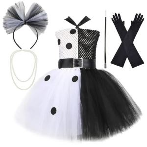 Girls Black White Spotted Tulle Tutu Dress Witch Clothing Set Kids Halloween Carnival Stage Performance Party Fancy Outfit