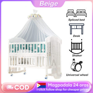 Beige Solid Wood Baby Bed European Style Mobile Multi-Functional Suitable for Newborns with Wheels and Mosquito Net