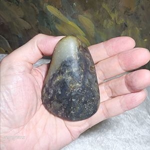 Gegegems premium 164.6 grams raw Hetian Nephrite Qinghua (black & white) handheld original jade skin and pores (with certificate) 精品和田籽玉青花(黑白)原石褐黃原皮毛孔(帶证书)