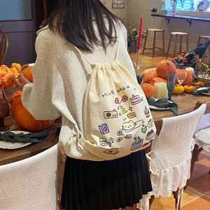 กระเป๋าเป้สะพายหลังผ้าใบผูกเชือกสำหรับผู้หญิง กระเป๋าใส่หนังสือ กระเป๋าสะพายไหล่ลายแมว กระเป๋าสะพายประจำวัน กระเป๋าเดินทาง กระเป๋าใส่ของแบบลำลอง