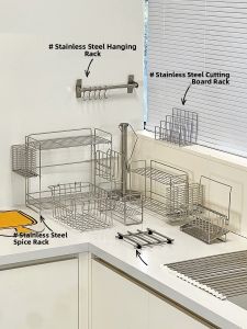 Stainless Steel Kitchen Storage Rack Multi-Function Wall-Mounted Knife Board Holder Chopping Board Drainage Rack Organizer
