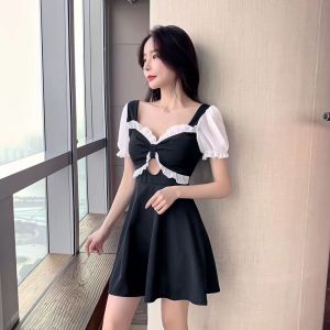 ELF TRIBE Đầm Ngắn Kiểu Pháp Đầm Công Chúa Khoét Lỗ Tay Phồng Cổ Chữ V Cho Nữ