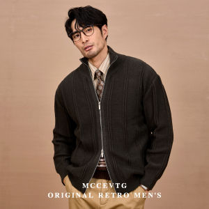 Italian Gentleman MCCEVTG Zipper Knitted Sweater Jacket Mens Vintage High Commuting Casual Striped Pattern Long Sleeve Top