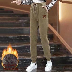 Corduroy Bear Sweatpants Womens Clothing 2023 Best Selling Fleece-lined Thickened Harem Pants Lamb Wool Small Black Pants