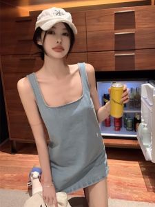 GUZILIAN | Relaxed Slimming Retro Sleeveless Denim Strap Dress