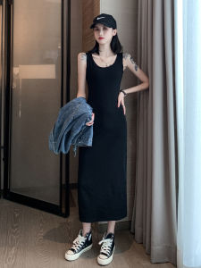 Black Slim Fit Strapless Dress 2025 New Style Autumn High Waist Knitted Cotton Blend Comfortable Breathable Sleeveless Vest Dress