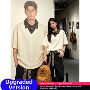 CHENMU | Casual Cool Plaid Two-Piece Illusion Short Sleeve Polo Shirt/Tee