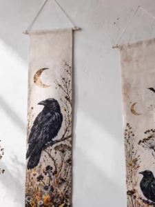 Halloween Gothic Wall Tapestry Black Crow Crescent Moon Bat Wildflower Print Wall Art Vintage Witchy Home Decor Hanging Ornament