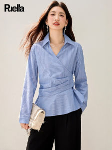 puella | French V-Neck Striped Tailored Waist Shirt Long Sleeve