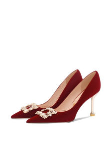 รองเท้าส้นสูงสีแดงรองเท้าแต่งงาน ผู้หญิง รองเท้าหมั้นสบายแสดงส้นเจ้าสาวสองทาง เดรส สำหรับงานกลางคืน ชุดราตรี รองเท้าไวน์