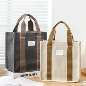 Versatile Solid Color Canvas Handbag Large Capacity Lunch Box Bag Portable Work Commute Bag Casual Outing Handbag