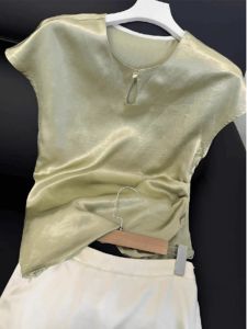 Slim Fit Green Acetate T-Shirt Womens Summer New Style National Trend Short Sleeve Hollow out Top Korean Version round Neck