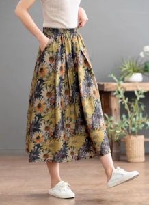 Retro Style Floral Print Midi Skirt Loose Fit Cotton Linen Material Autumn New Arrival Womens Fashion Artistic Skirts