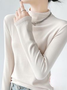 MiiOW | Womens White Half High Collar Long Sleeve Base Shirt Inner Wear Slim Fit Spring Autumn Casual Style Regular Length