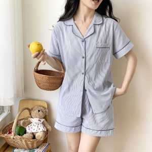 Pure Cotton Striped Short Sleeve Sleepwear for Women Summer Casual Home Clothes with Button Trim and Small Lapel for Men and Students
