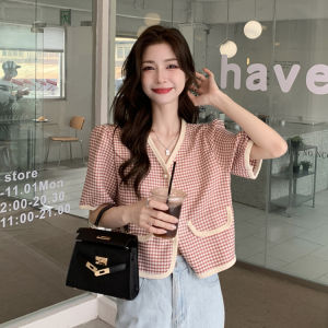 SHUFU 2628 Ready Stock blazers for women formal korean style plus size checkered short sleeve tops