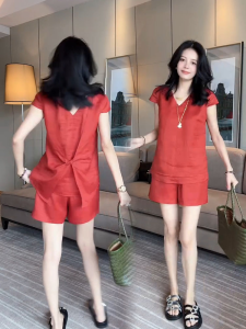 Shalldoer | Casual Minimalist Womens Summer Outfit Short Sleeve V-Neck Shirt Loose Shorts Two-Piece Set Pure Color Polo Neck Design