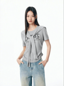 PEACEBIRD | Autumn Shiny Pattern Short Sleeve Pullover Sweater with Shawl