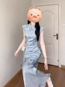 Elegant Lengthened Version Chinese Style Dress for Tall Women New Modern Interpretation Tunic Dress Pure Color High Waist