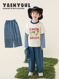 Loose Straight Blue Jeans for Boys Spring Fashion Retro Patchwork Childrens Pants Casual Cotton Blend Fabric Elastic Waist