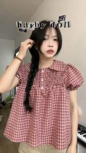 Áo form babydoll sọc caro chất Kate phối cổ bèo cài nút nhún ngực bo chun tay phồng xinh xắn
