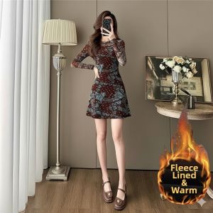 SUYE | Vintage French Floral Print Long Sleeve Velvet Dress Slim Fitting Warm