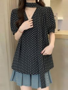 AIYITI | Elegant Black Polka Dot Chiffon Shirt Short Sleeve Plus Size